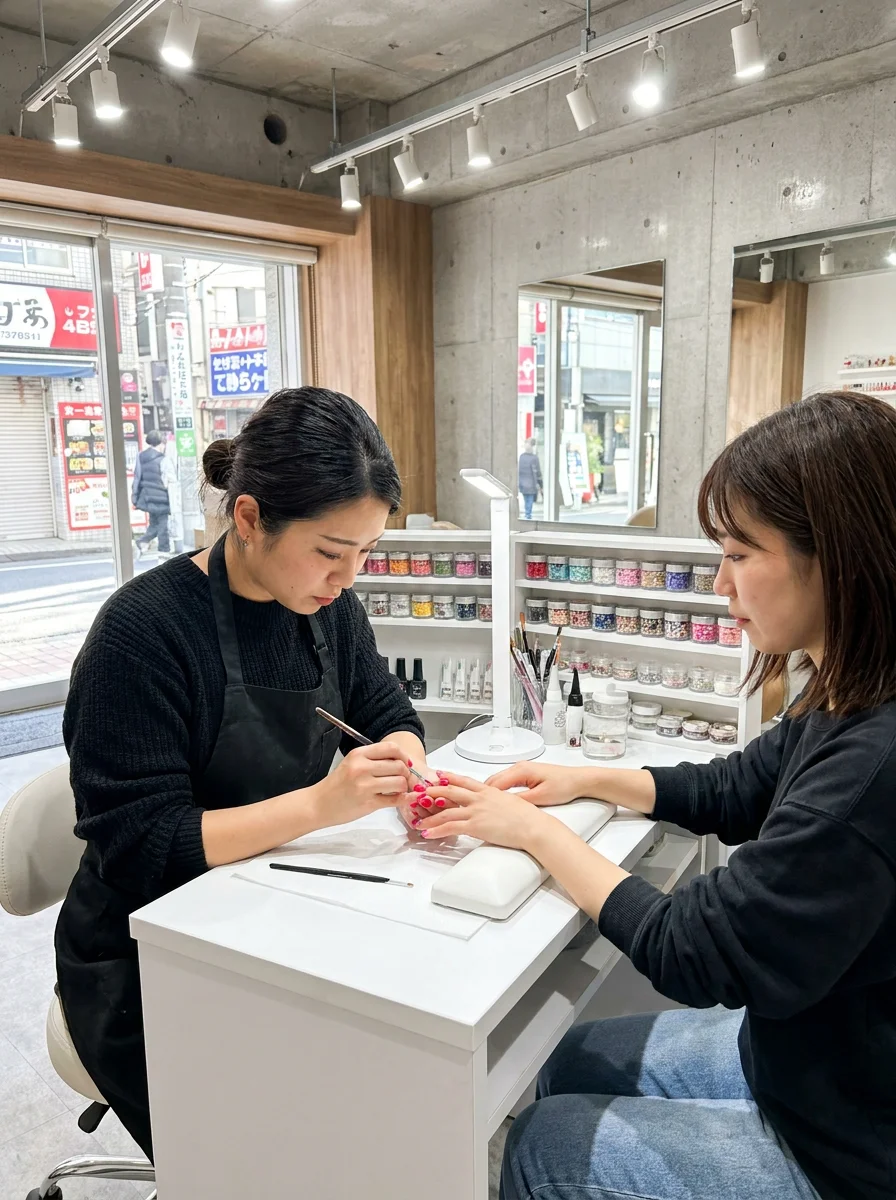 ネイリストによる丁寧な施術風景